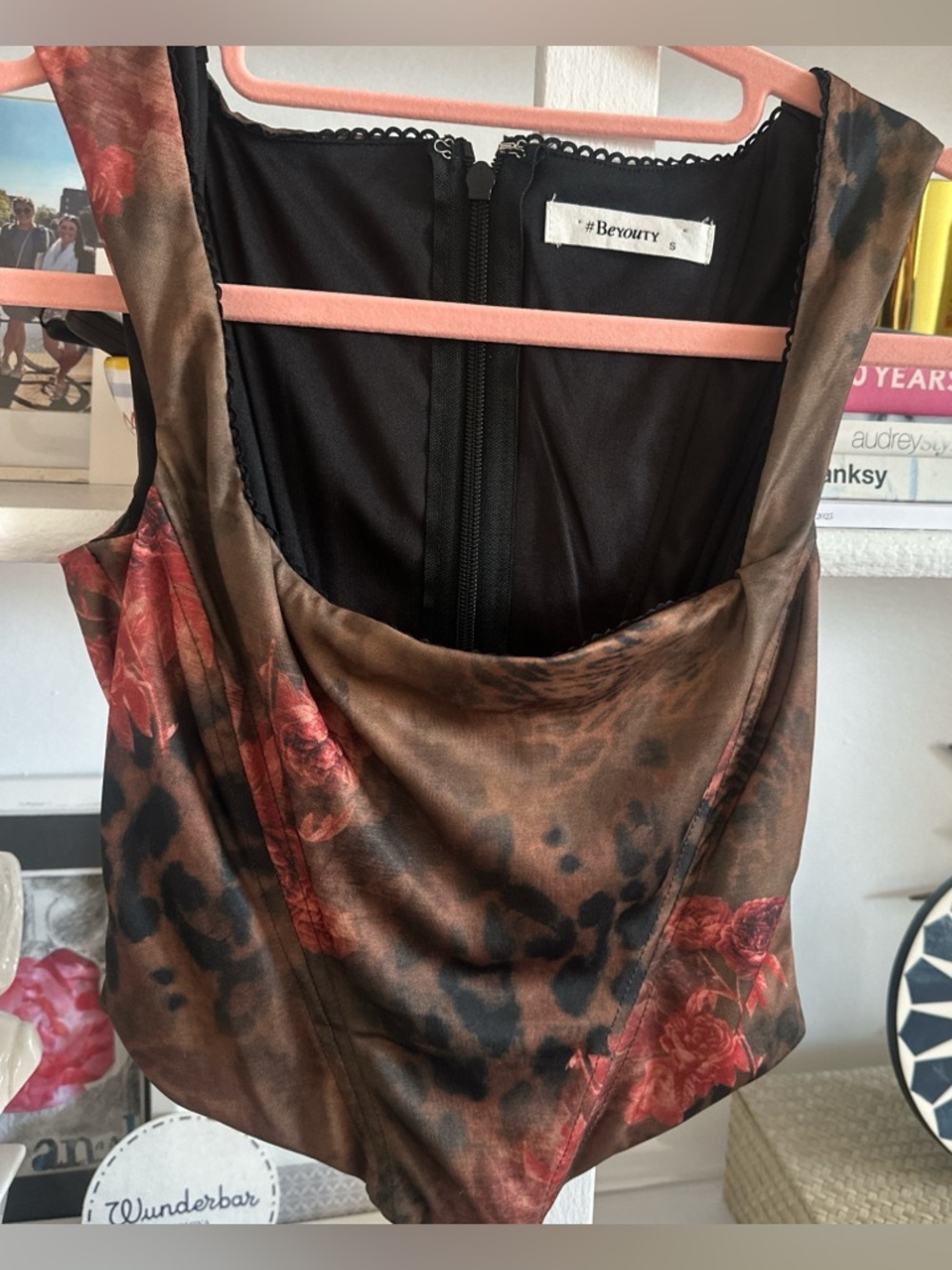 Miaou inspired Brown & Black Floral-Print Silk Tank Top with Red Roses